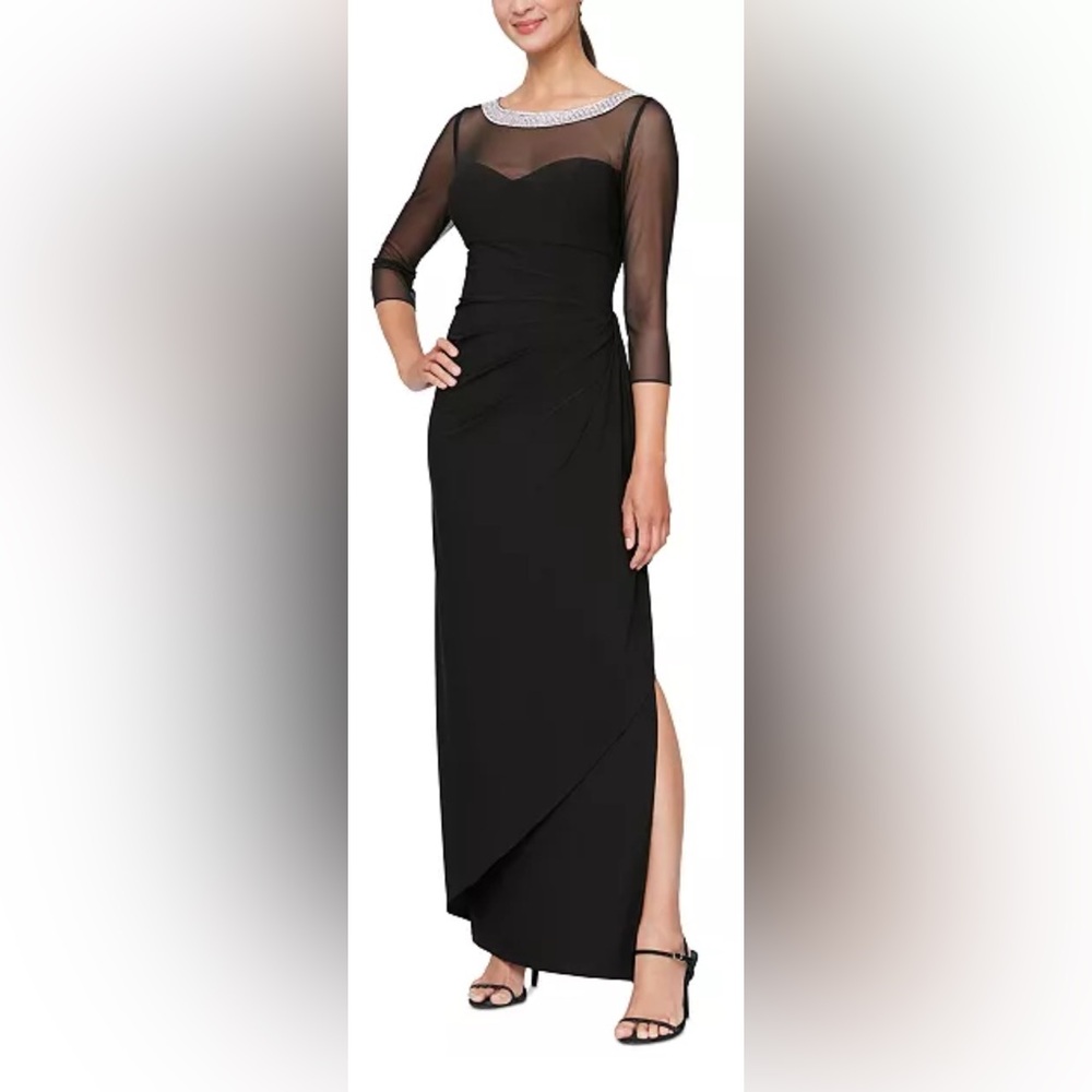 Alex Evenings
Petite 3/4-Sleeve Illusion Ruffled Gown Black.